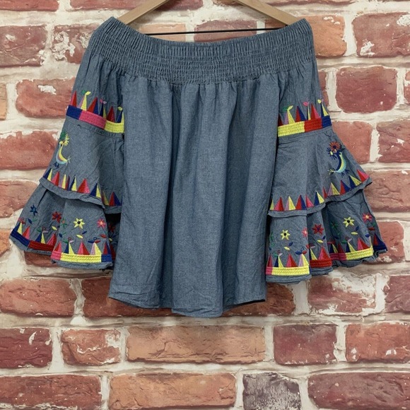 Va Va By Joy Han Top Women's Small Blue Denim Boho Embroidered Bird Blouse - Picture 4 of 12